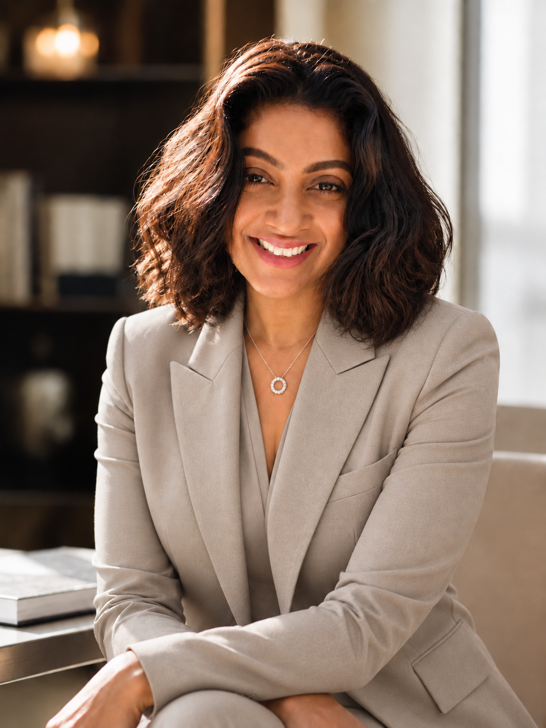 Nerissa Persaud in an elegant light suit wearing her circular diamond necklace